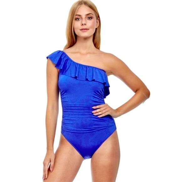 New. GOTTEX blue snakeskin ruffle swimsuit. Retails $138. Size 12 - Picture 2 of 10